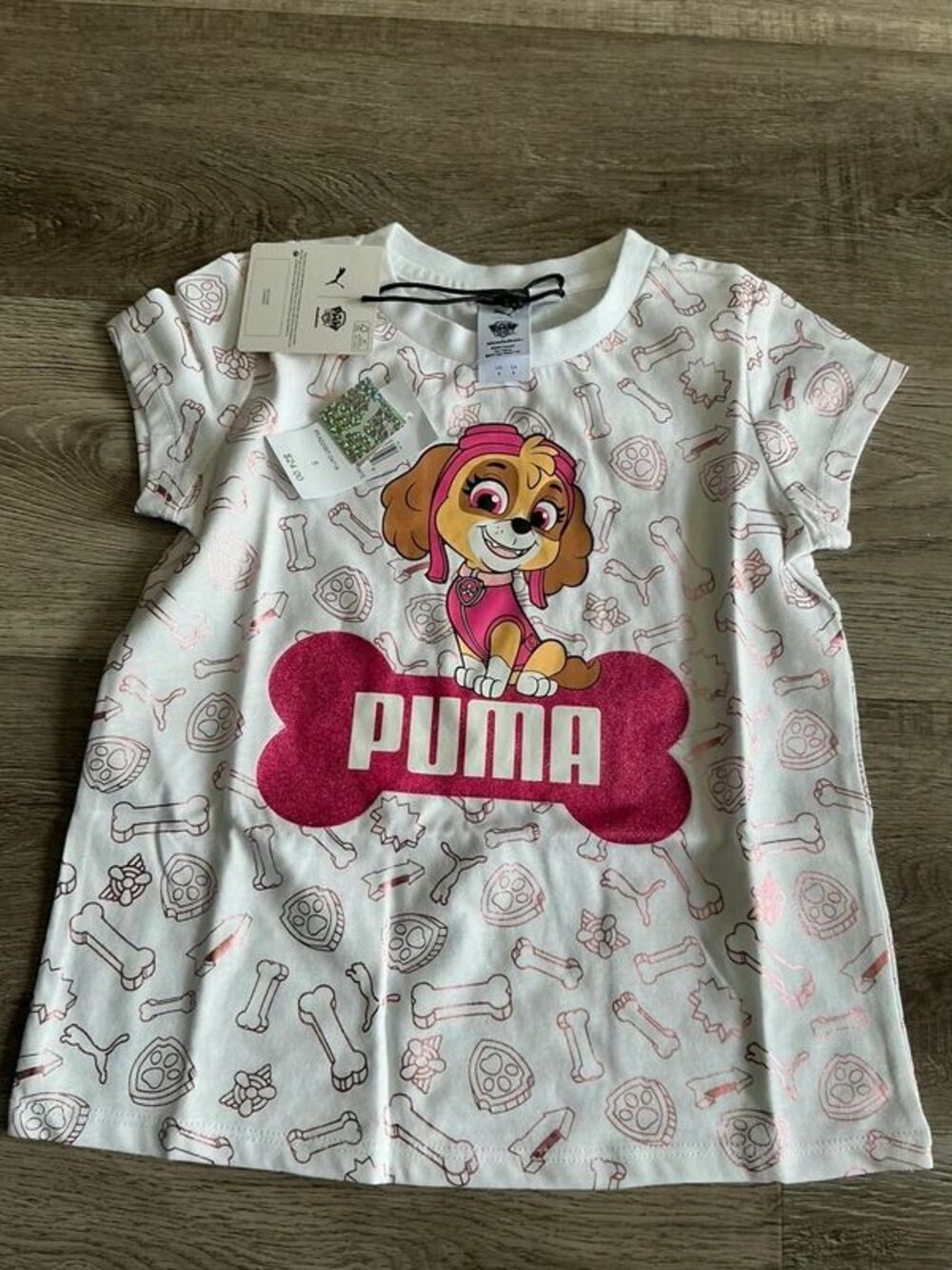 PUMA Girls Long Sleeve Graphic T-Shirt and short paw– Light Gray – Size 5 – NWT
